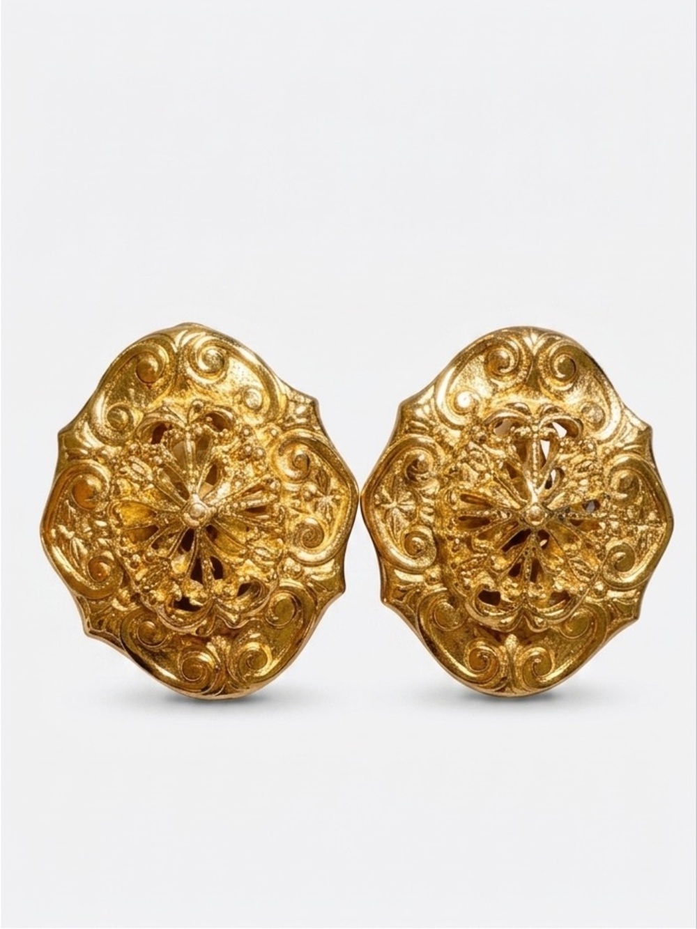 Vintage Monet Baroque Filigree Gold Statement Clip On Earrings Ornate Signed